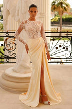 Mint Green Satin Long Sleeve Gown Crystal Beaded Bodice High Slit