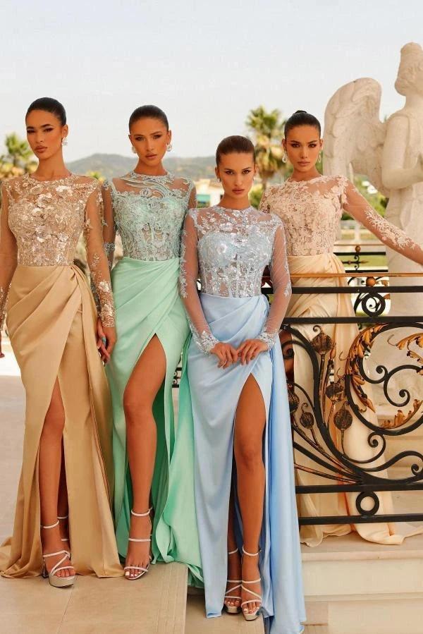 Mint Green Satin Long Sleeve Gown Crystal Beaded Bodice High Slit