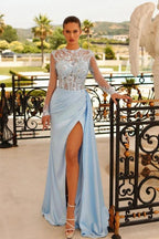 Mint Green Satin Long Sleeve Gown Crystal Beaded Bodice High Slit