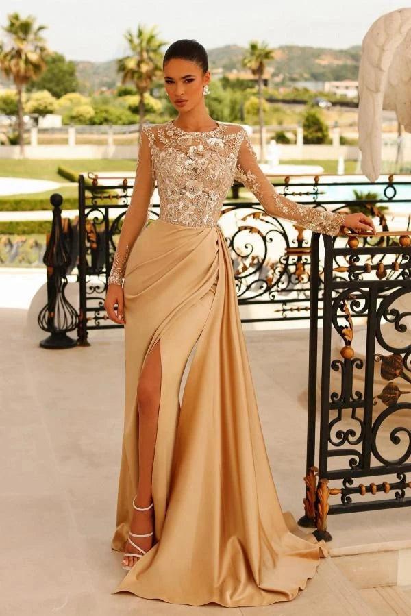 Mint Green Satin Long Sleeve Gown Crystal Beaded Bodice High Slit