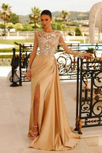 Mint Green Satin Long Sleeve Gown Crystal Beaded Bodice High Slit