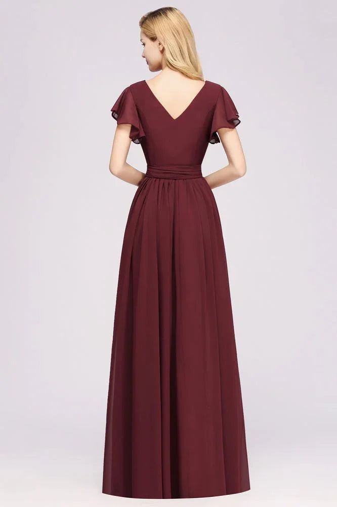 Elegante abito da damigella d'onore a linea ad A con scollo a V, maniche corte, fascia con fiocco e gonna lunga in chiffon da sera