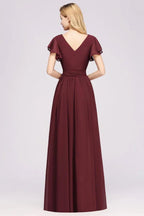 Elegante abito da damigella d'onore a linea ad A con scollo a V, maniche corte, fascia con fiocco e gonna lunga in chiffon da sera