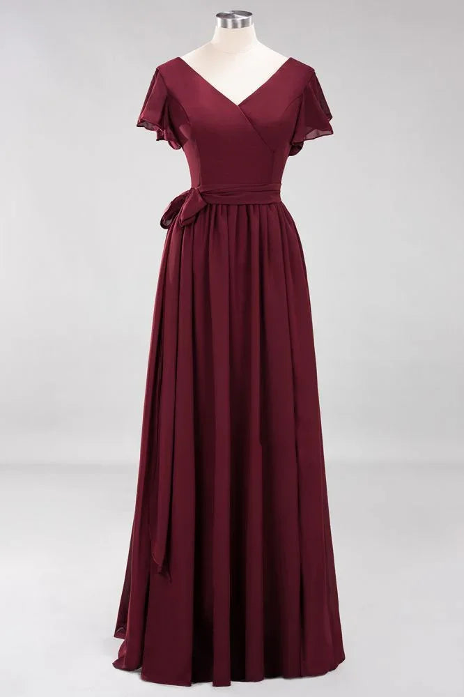 Elegante abito da damigella d'onore a linea ad A con scollo a V, maniche corte, fascia con fiocco e gonna lunga in chiffon da sera