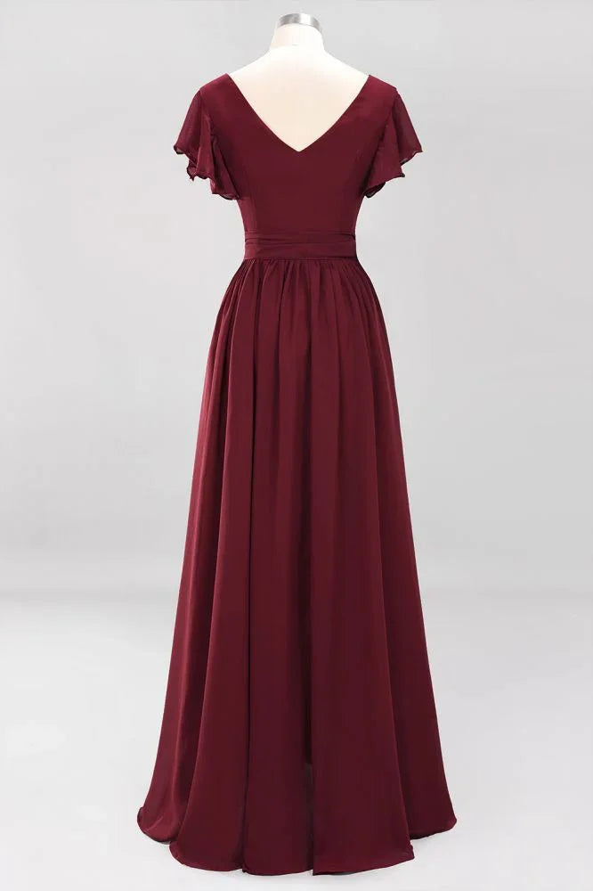 Elegante abito da damigella d'onore a linea ad A con scollo a V, maniche corte, fascia con fiocco e gonna lunga in chiffon da sera