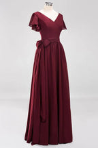 Elegante abito da damigella d'onore a linea ad A con scollo a V, maniche corte, fascia con fiocco e gonna lunga in chiffon da sera
