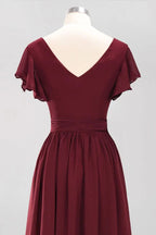 Elegante abito da damigella d'onore a linea ad A con scollo a V, maniche corte, fascia con fiocco e gonna lunga in chiffon da sera
