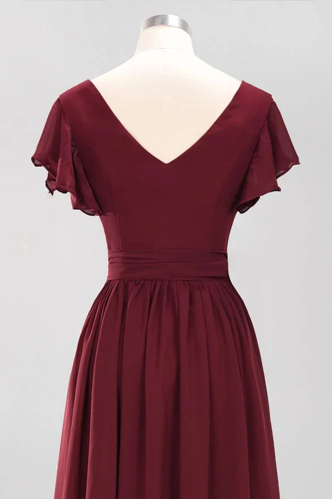 Elegante abito da damigella d'onore a linea ad A con scollo a V, maniche corte, fascia con fiocco e gonna lunga in chiffon da sera