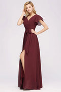 Elegante abito da damigella d'onore a linea ad A con scollo a V, maniche corte, fascia con fiocco e gonna lunga in chiffon da sera