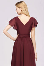 Elegante abito da damigella d'onore a linea ad A con scollo a V, maniche corte, fascia con fiocco e gonna lunga in chiffon da sera