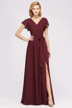 Elegante abito da damigella d'onore a linea ad A con scollo a V, maniche corte, fascia con fiocco e gonna lunga in chiffon da sera