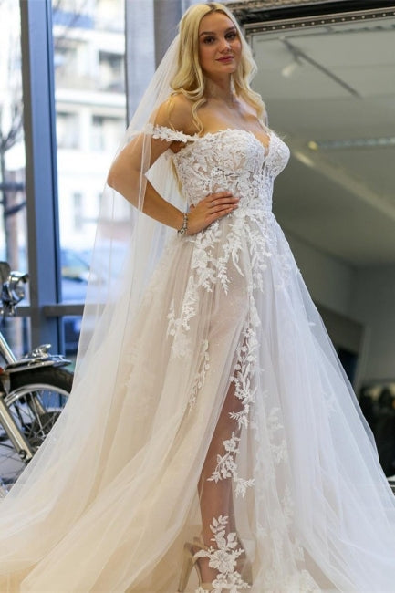 Moderne A-Linie Off-the-Shoulder Ärmellose Brautkleider mit Spitze