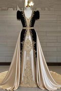 Champagne And Black V Neck A Line Prom Dress With Appliques And Detachable Train