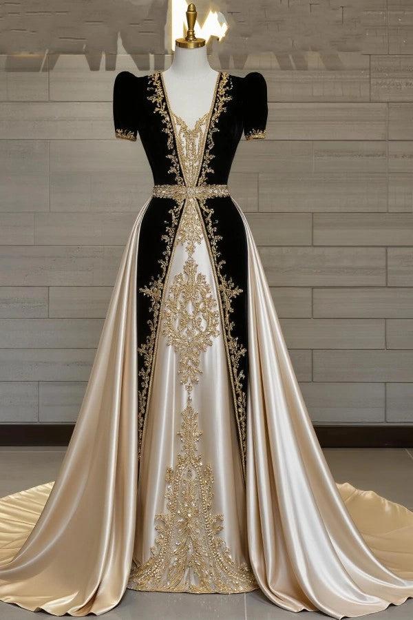 Champagne And Black V Neck A Line Prom Dress With Appliques And Detachable Train
