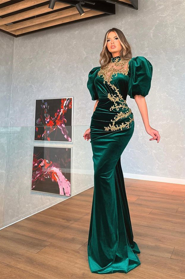 Vestido de fiesta moderno de sirena con mangas abullonadas en verde oscuro y apliques