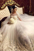 Robe de Mariée Élégante Moderne Époustouflante avec Longues Appliques et Manches Style Arabe