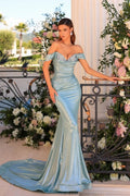 Vestido longo azul moderno de sereia, sem alças e com ombros descobertos, para baile, com brilho