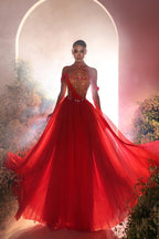 Abito da sera moderno lungo rosso a linea ad A in chiffon con perline e scollo a barca