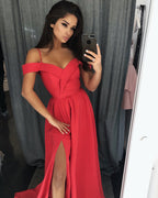 Modern Red A-Line Off-the-shoulder Long Prom Dress With Slit
