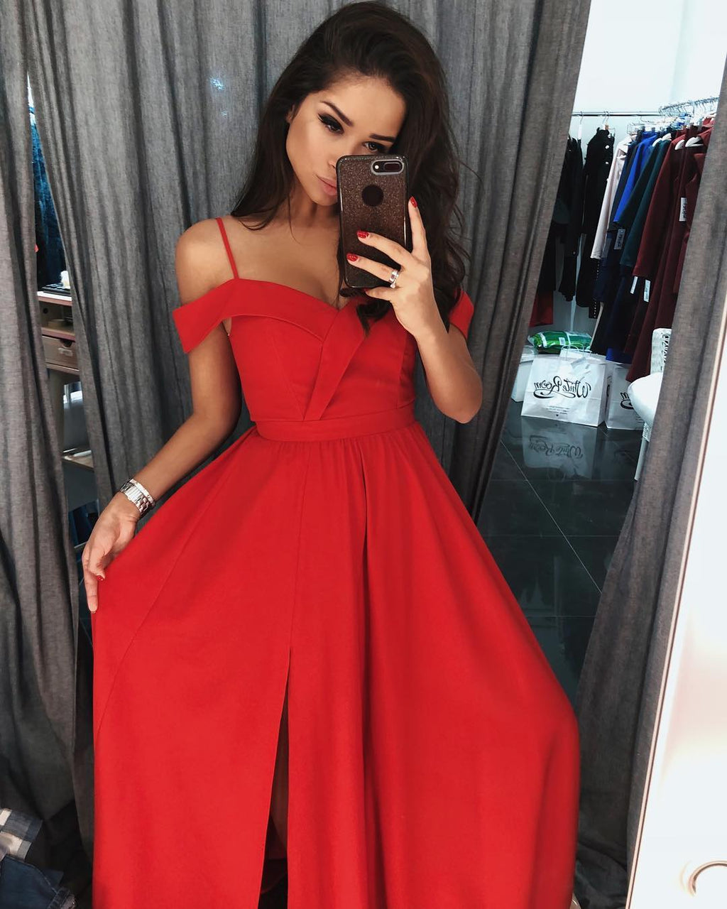 Modern Red A-Line Off-the-shoulder Long Prom Dress With Slit