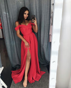 Modern Red A-Line Off-the-shoulder Long Prom Dress With Slit