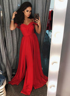Modern Red A-Line Off-the-shoulder Long Prom Dress With Slit