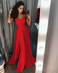 Modern Red A-Line Off-the-shoulder Long Prom Dress With Slit