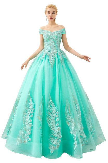 Modernes ärmelloses A-Linien-Ballkleid mit goldenen Applikationen, schulterfrei, Tüll, Partykleider