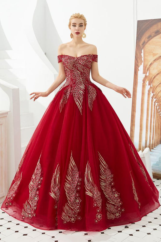 Modernes ärmelloses A-Linien-Ballkleid mit goldenen Applikationen, schulterfrei, Tüll, Partykleider