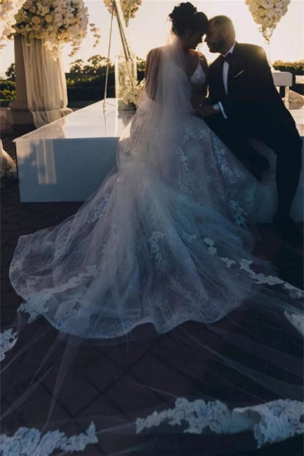 Vestidos de novia modernos de corte A sin mangas con escote en V y encaje