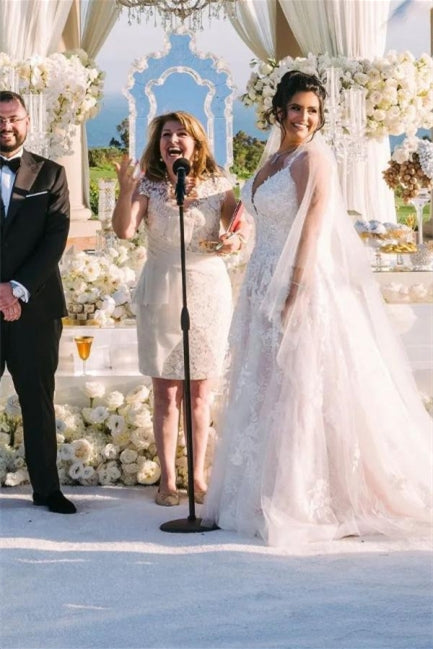 Vestidos de novia modernos de corte A sin mangas con escote en V y encaje