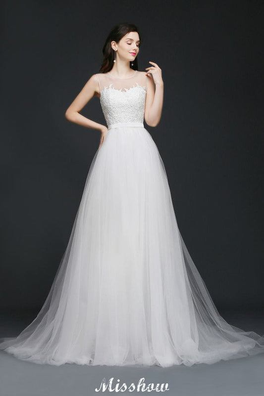 Schlichtes A-Linien-Brautkleid aus Illusionsspitze