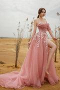 Modest A-line Strapless Tulle Lace Long Prom dress with Slit
