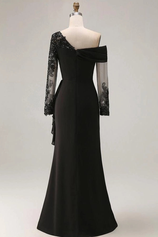 Modest Black One Shoulder Mermaid Prom Dress With Appliques