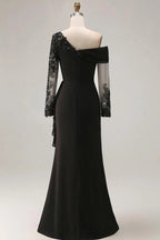 Modest Black One Shoulder Mermaid Prom Dress With Appliques