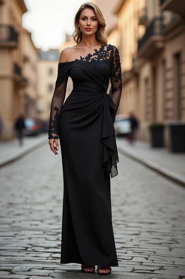Modest Black One Shoulder Mermaid Prom Dress With Appliques