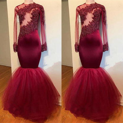 Vestido de fiesta de sirena con mangas largas y apliques de encaje modestos 