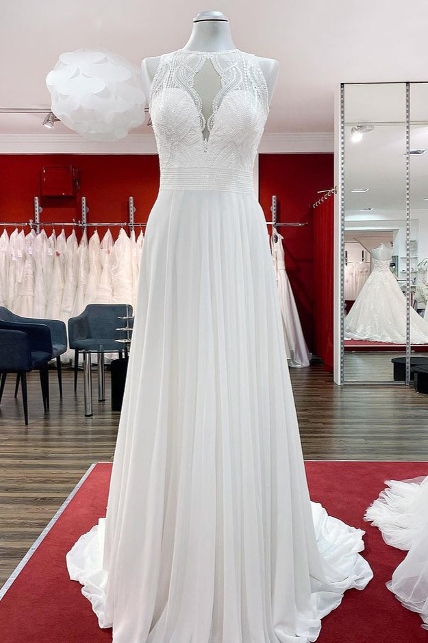 Vestido de novia modesto largo de gasa con apliques de joya y espalda abierta