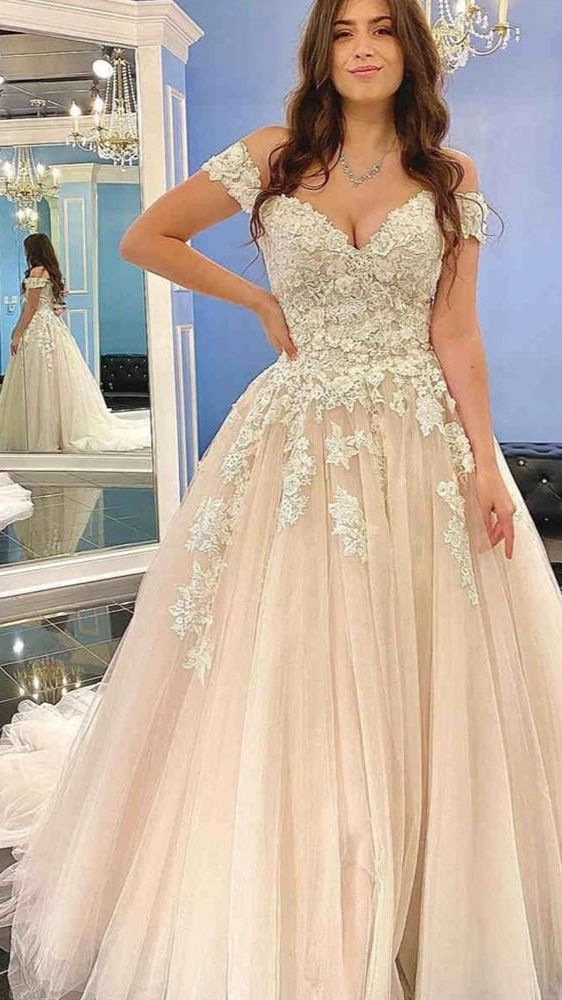 Modest Long A-line Off-the-Shoulder Tulle Lace Wedding Dress