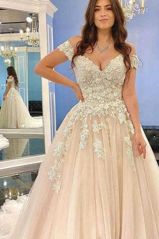 Schlichtes, langes, schulterfreies A-Linien-Brautkleid aus Tüllspitze