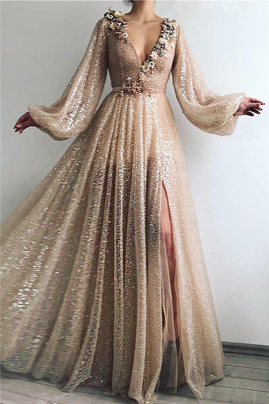 Modest Long A-line V-neck Sequined Prom Dress with Slit