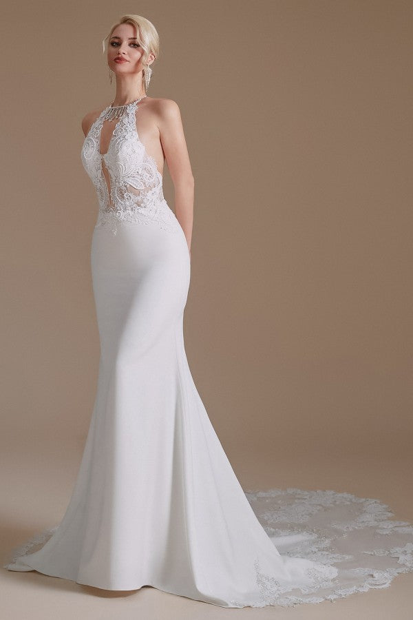 Modest Long Mermaid Halter Backless Satin Wedding Dresses with Appliques Lace