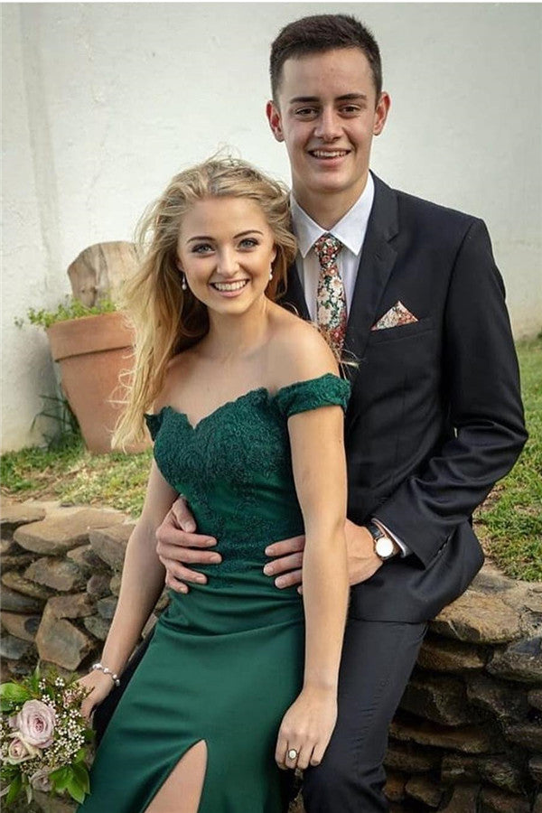 Modest Long Mermaid Off-the-shoulder Appliques Lace Prom Dress with Slit