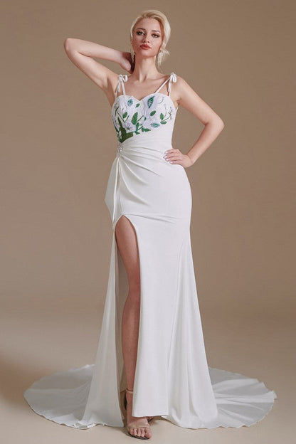 Modest Long Mermaid Satin Spaghetti Straps Open Back Wedding Dress with slit