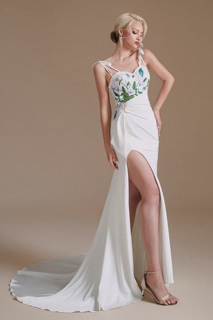 Modest Long Mermaid Satin Spaghetti Straps Open Back Wedding Dress with slit