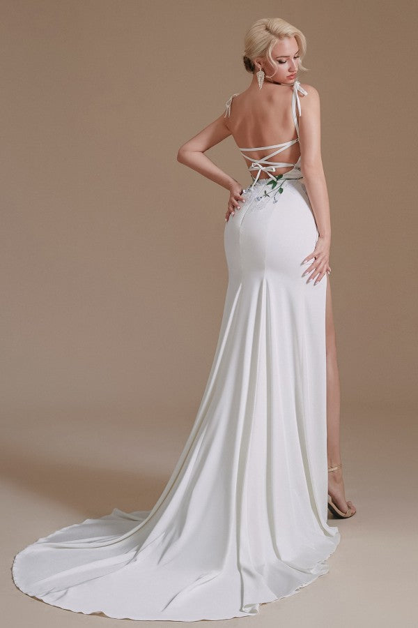 Modest Long Mermaid Satin Spaghetti Straps Open Back Wedding Dress with slit