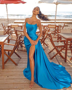 Modest Long Mermaid Silk-like Satin Formal Prom Dress with Slit