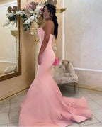 Modest Long Mermaid Strapless Satin Pink Prom Dress