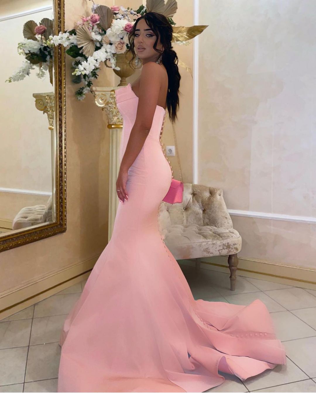 Modest Long Mermaid Strapless Satin Pink Prom Dress