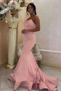 Modest Long Mermaid Strapless Satin Pink Prom Dress